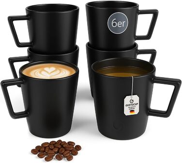 GustoCup® Преміум набір кавових чашок 6 шт. - великі чашки 360 мл, стійкі до подряпин, мийки та мікрохвильовки - чорні матові чашки для капучино, чаю, матча - керамічний набір чашок 6 шт.