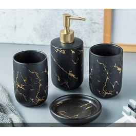 Набір аксесуарів для ванної кімнати FülleMore (4 шт.) з кераміки, імітація мармуру. Включає дозатор для мила (300 мл), мильницю, тримач для зубних щіток/склянку. Чорний колір.