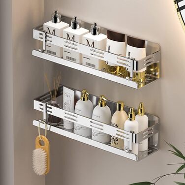 Melairy Shower Shelf No Drilling Bathroom Storage & Organization Shower Basket, Stainless Steel Bathroom Shelves with Two Hooks for Bathrooms and Kitchens