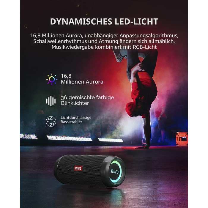 MIFA WildRod Bluetooth колонка 30W, IP67, RGB підсвітка, USB-C, чорна
