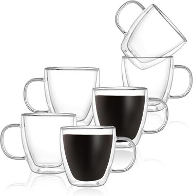 CNGLASS Double-Walled Espresso Cups 160ml/5.4oz, Insulated Coffee Glasses 6-Piece Set, Clear Cups with Handles, Tea Cups for Cold and Hot Drinks