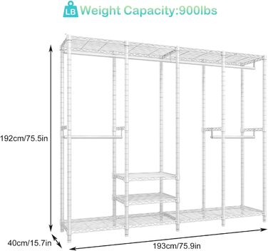 KZOBYD Clothes Rack, Coat Rack with 6 Height-Adjustable Shelves, Clothes Rail with 4 Hanging Compartments, Plenty of Space, for Bedroom, Living Room (White)