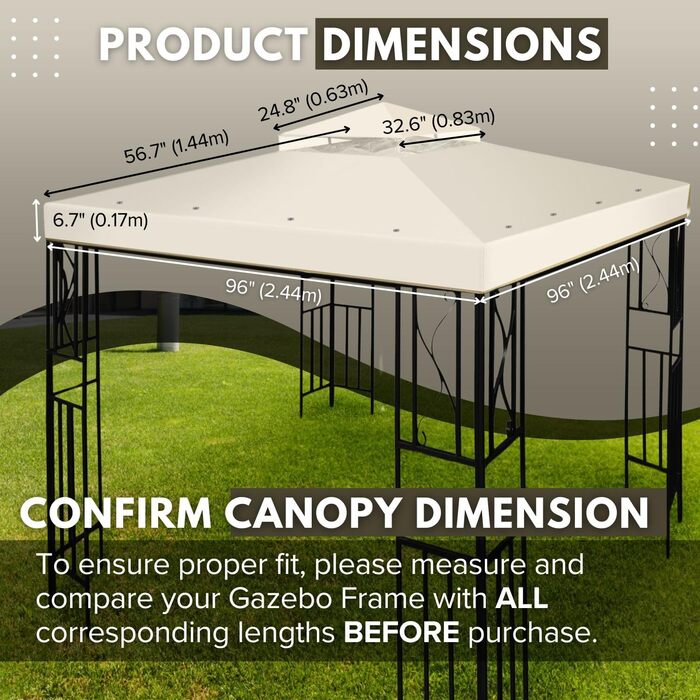 Flexzion 20.3 x 20.3 in Pavilion Replacement Canopy, Waterproof Outdoor Cover, Double-Tier UV30 Canopy for Gazebos, Garden, Patio, Courtyard Tent (ivory)