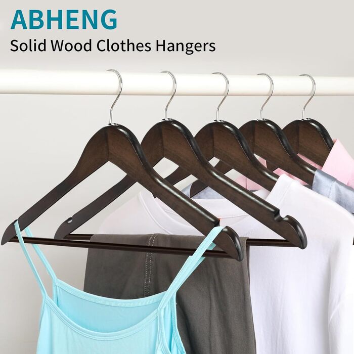 ABHENG Clothes Hangers, Wood, 20 Pieces, Wooden Hangers with Non-Slip Trouser Bar and 360° Swivel Hook, Shoulder Notches, Made from Natural Wood, Dark Walnut Color, AWY0320H