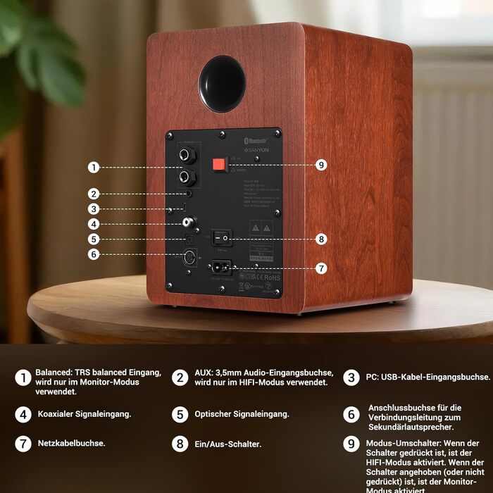 Sanyun SW208 Активні Bluetooth 5.0 Регулярні Динаміки 3' - 60W, Коробка з вуглецевого волокна, Вбудований 24-бітний ЦАП, Динамічний 3D-Surround Sound - 2.0 Комп'ютерні Динаміки для ПК (Пара, ) 3' (SW206 Червоний, 4')