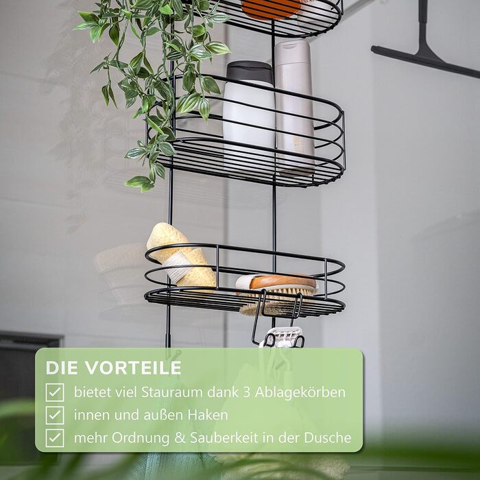 Bremermann Shower Shelf, 3 Tiers, for Hanging, with Removable Hook and Four Fixed Hooks, Black