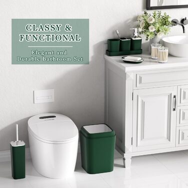 Набір аксесуарів для ванної кімнати темно-зеленого кольору (24 предмети): душовий завіс, килимки, відро, тримач для зубних щіток, миска, дозатор мила, піднос, мильниця, щітка для унітазу, тримач для ватних паличок