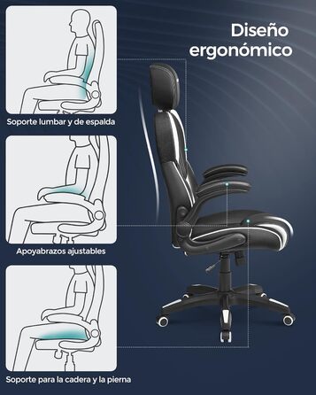 Крісло офісне SONGMICS, геймінгове, регульована підголовник, функція гойдання, регульовані підлокітники, універсальні ролики, регулювання висоти, OBG65BK (чорно-біле)