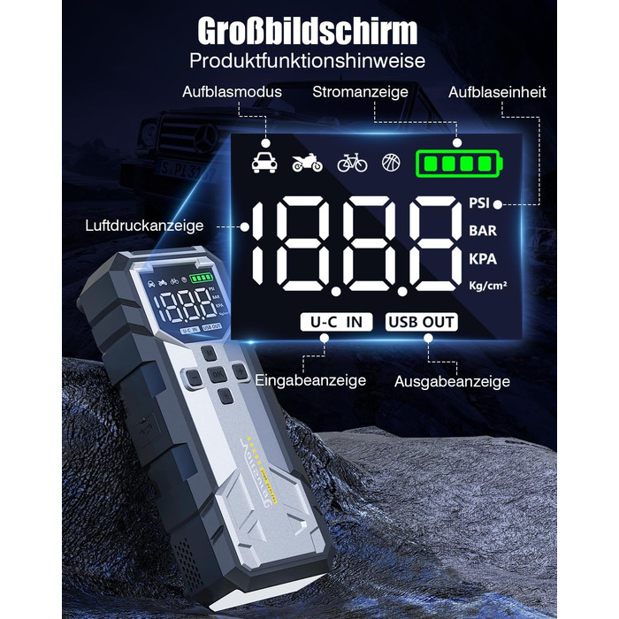 Powerbank Starthilfe 7000A з компресором та LED-ліхтариком: 160PSI, 12V для бензинових та дизельних авто