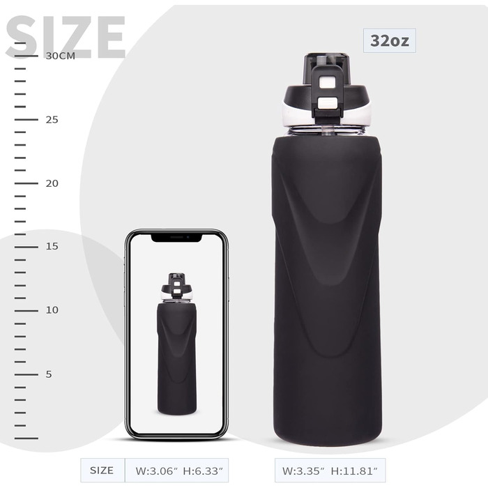 1 liter / 1l Drinking Bottle Glass with Straw, BPA-Free Glass Bottle with Silicone Sleeve, Borosilicate Glass Water Bottle (Deep Black)