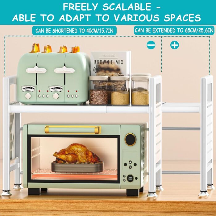 Підставка для мікрохвильової печі, 2-рівнева, розширювана 40-65см, з 6 гачками, для кухонного ножа, біла