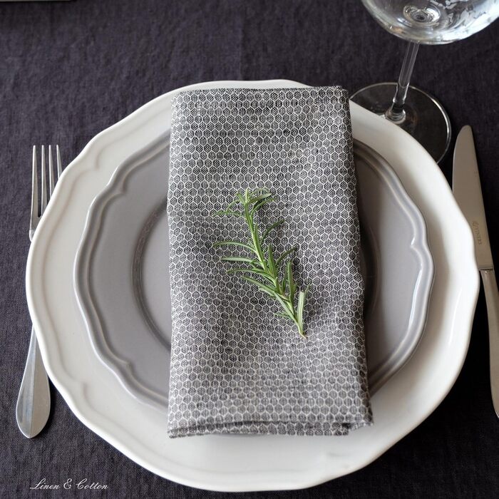 Linen & Cotton Schön Edel 4 x Cloth Napkins Honeycomb - 100% Linen, Black Beige Gray (47 x 47cm) Napkins Fabric Linen Napkins Table Decoration for Wedding Party Catering Christmas