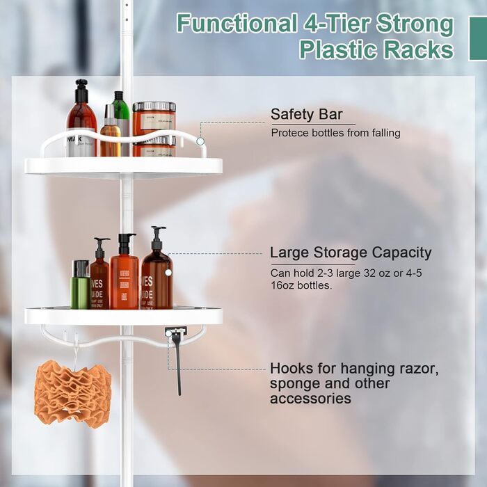 Shower Shelf No Drilling, 137-289cm 4-Tier Adjustable Telescopic Corner Shower Shelf, Shampoo Holder for Shower and Bathtub, Bathroom Kitchen Corner Shelf/White