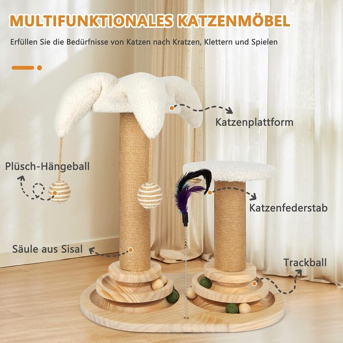 Інтерактивна іграшка для котів 6 в 1: дерев'яний комплекс з кульками, пір'ям, м'ячиком-трекером, когтеточкою з сизалю та джуту. Підходить для котів середніх та маленьких порід (білий)