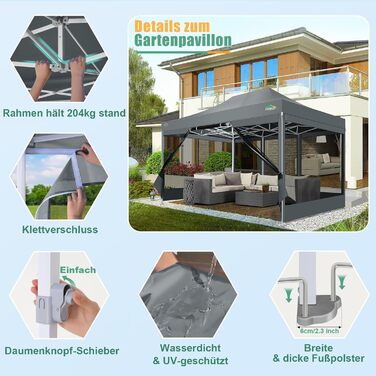 COBIZI Pavilion 3x3m Foldable, Waterproof & Winterproof – Stable Garden Tent with 23mm Steel Pipe, UV50+ and Mosquito Nets for Camping/Parties + Carry Bag (Gray, 3mx4.5m)