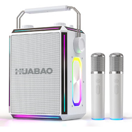 Портативна Bluetooth-колонка караоке з 2 бездротовими мікрофонами, RGB-підсвічуванням, регулюванням високих та низьких частот, ефектами голосу, AUX/USB/TF/OTG, 6,5 мм роз'єм, для вечірок (біла)