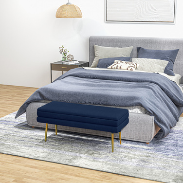 HOMCOM Bench, Upholstered Bench with Storage, Velvet-Look, Bed Bench with Steel Legs, Shoe Bench, Storage Bench for Living Room, Bedroom, Blue, 79.5 x 37.5 x 43 cm | Aosom