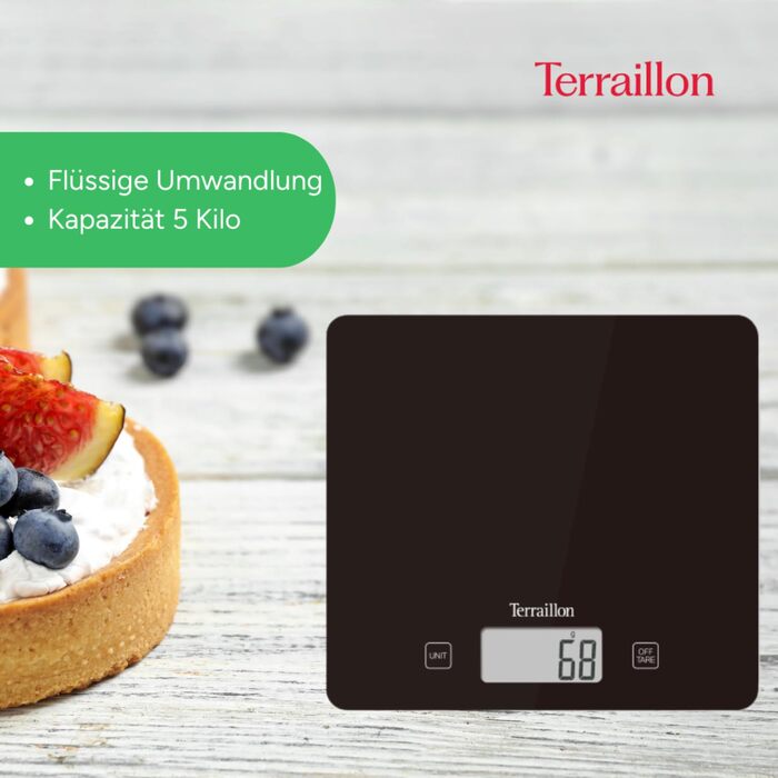 Кухонні ваги Terraillon T1040 з тарою, покажчиком рівня рідини, ультратонкі, до 3 кг, дизайн Bakery