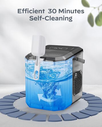 Машина для приготування льоду Silonn з кошиком – портативна та самоочисна, Mini Ice Maker, 9 кубиків/6 хв, 12 кг/день, зручне виймання та використання (Чорний, 1.2 л)