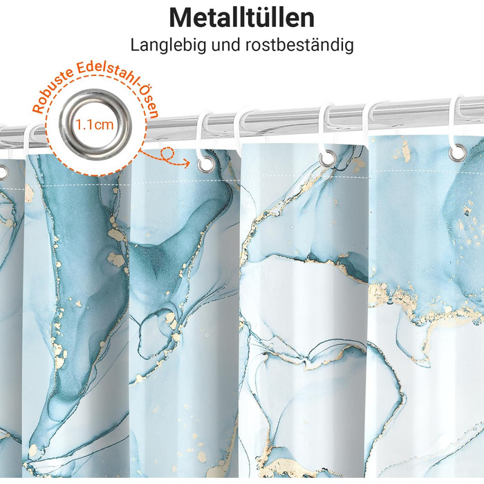 Штора для ванної кімнати 180x200 см, антигрибкова, водовідштовхувальна, поліестер, з кільцями (Світло-блакитний мармур)