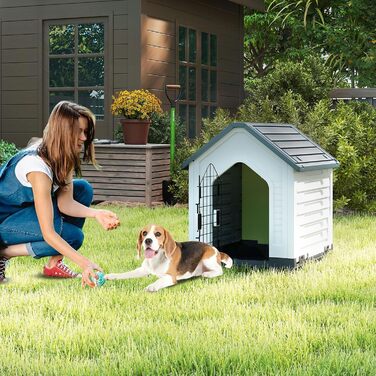 Будка для собак GOPLUS Outdoor, вологостійка з закривною решітчастою дверцятами та піднятим дном, вентиляційні отвори, похила дах, клітка для собак Indoor, будиночок для домашніх тварин для собак та котів (Сірий)