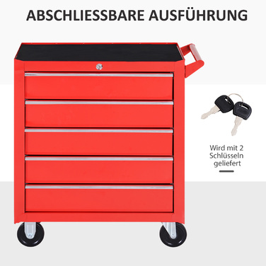 DURHAND Tool Trolley with Wheels, Tool Chest with 5 Drawers, Lockable Utility Cart with EVA Mat, Mobile Assembly Cart, Max. Load Capacity 150 kg, Steel, Red | Aosom
