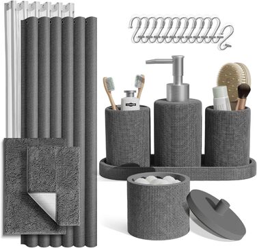 Набір для ванної кімнати Clara Clark – 5-ти елементний набір аксесуарів для ванної кімнати, салатовий колір (сірий), повний комплект + килимок для ванної