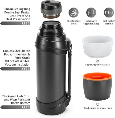 Термос-пляшка з нержавіючої сталі, 2.5 л, з кришкою-чашкою, зберігає тепло 24 год, холод 24 год, без BPA (чорна)