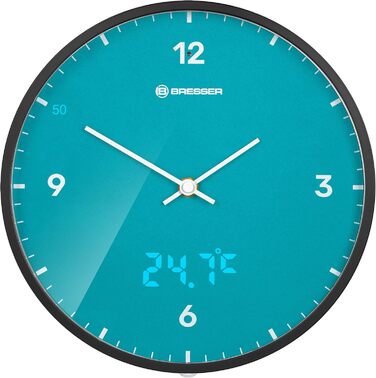 Bresser MyTime Radio-Controlled Wall Clock without Ticking Sounds, 24 cm Dial, LED Second Display, Indoor Temperature, and Silent Radio Movement, (Sky Blue)