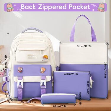 Шкільний рюкзак Tanou для дівчаток 4-в-1 (рюкзак, пенал, сумка для плеча, сумка для підручників), 3-7 клас, стильний дизайн, фіолетовий