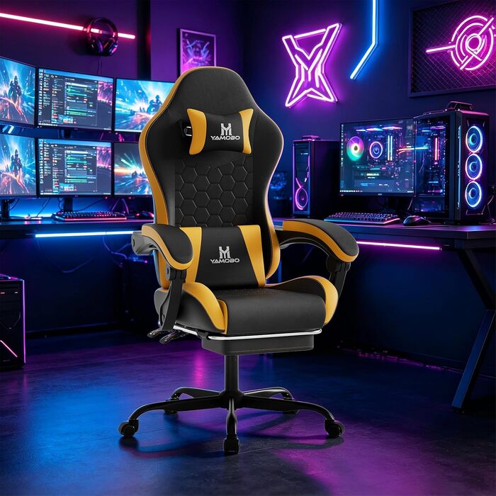 Ігрове крісло Racing Ergonomic з підставкою для ніг та масажним подушкою під поперек, навантаження до 150 кг, екошкіра, офісне крісло (Чорно-жовте)