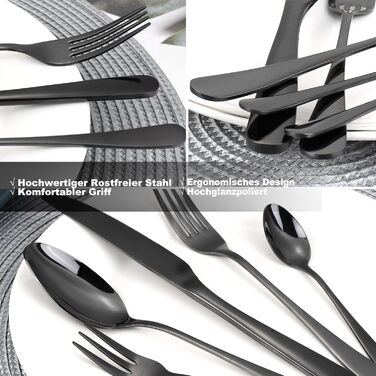 Набір столових приборів на 6 осіб, Targzier, 36 предметів, нержавіюча сталь, з ножами для стейка, преміум-якість, для сім'ї/вечірки/готелю, чорний колір, придатний для миття в посудомийній машині