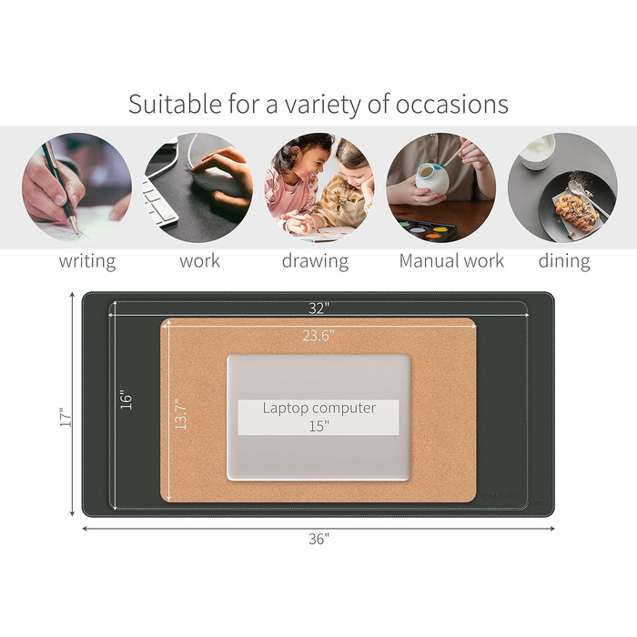 Килимок для миші RENMTURE двосторонній: Корк + PU-шкіра, 90x43 см, для офісу та дому, водостійкий, антиковзкий, чорний