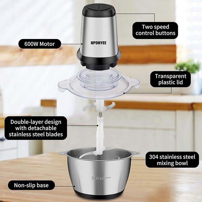 Електричний подрібнювач 600W з чашею з нержавіючої сталі 2L, 2 швидкості, 4 леза для овочів та часнику