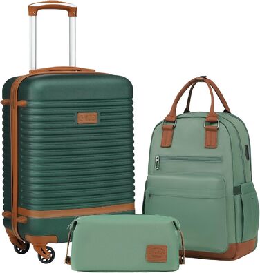 COOLIFE Suitcase Trolley Case Travel Suitcase made of ABS Hard Shell Trolley with 4 Wheels and TSA Lock. The suitcase includes 1 Travel Backpack and 1 Toiletry Bag (White/Brown, Large 3-Piece Suitcase Set) (Carry-on 3-Piece Set, Dark Green/Brown)