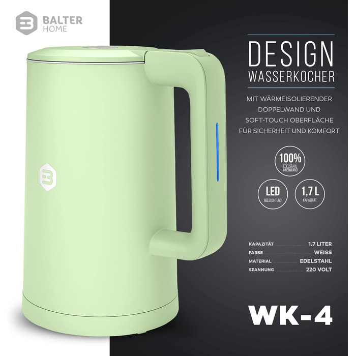 Balter Stainless Steel Kettle WK-4, 1.7 Liter, Electric Kettle, Double-Walled Design, BPA Free, LED, Compact Tea Kettle, Quiet (Black) (Mint)