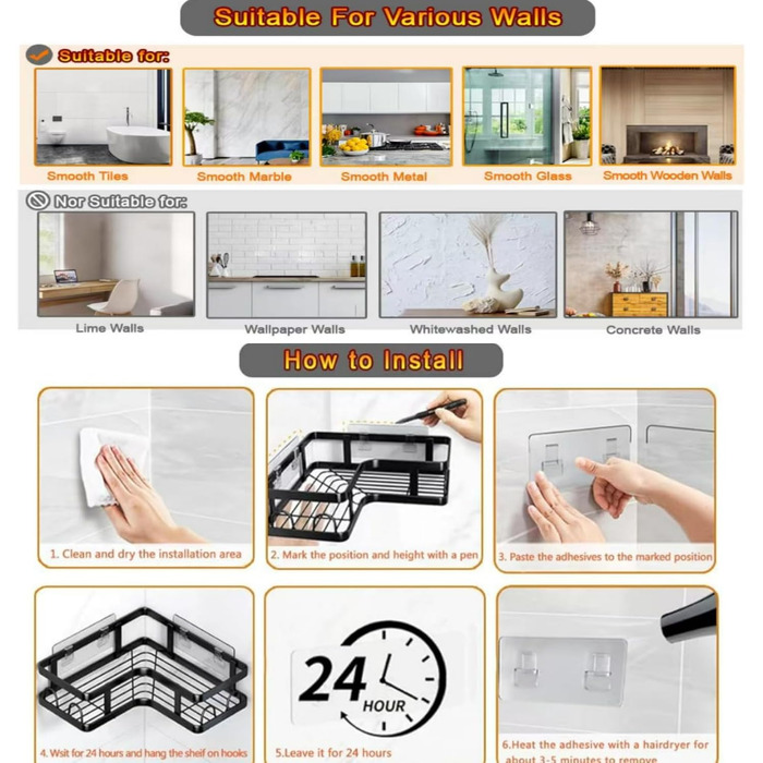 Поличка для душу без свердління, чорна, кутова, 2 шт. Трикутні кошики для душу, органайзер для ванної кімнати з 4 гачками, аксесуари для душу, тримач для шампуню в душ для ванної кімнати