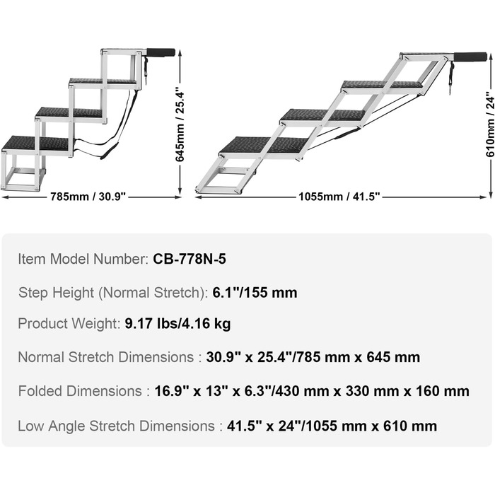 Сходинка для собак VEVOR у автомобіль: 5 сходинок, широка, складна, з антиковзким покриттям, легка алюмінієва, для авто, SUV та вантажівок (61-65 см)