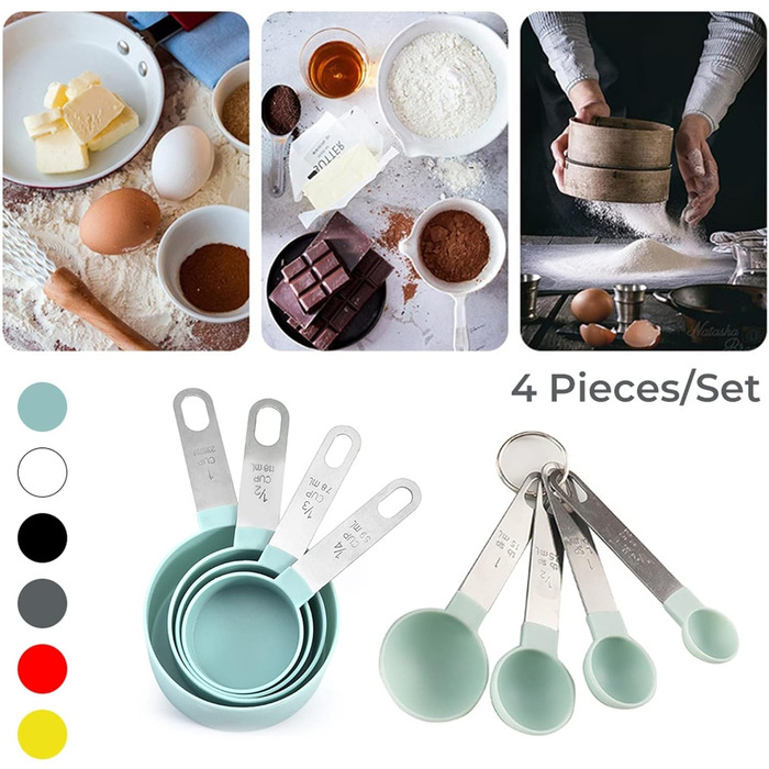 FBHappiness 4-Piece Baking Tool Set with Kitchen Measuring Spoons, Stainless Steel Handle, Measuring Cups with Scale, Measuring Spoons, Kitchen Helper (Color: 4 Green Cups) (4 Green Cups)