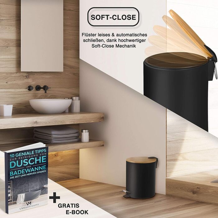 Смітник для косметики VMbathrooms 3L з педаллю та бамбуковою кришкою, Soft-Close, чорний матовий, для ванної кімнати та туалету
