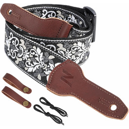 Гітарний ремінь Nefelibata Banjo-Gurt, 5,1 см, повна шкіра телятини, біла вишивка квітів
