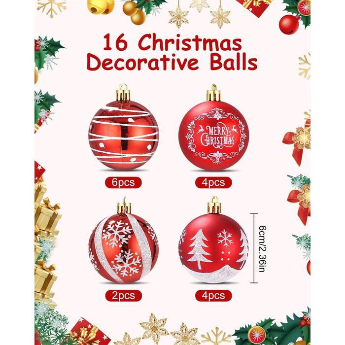 Кульки для ялинки з пластику червоно-білі, 16 шт. - прикраси для ялинки, різдвяний декор