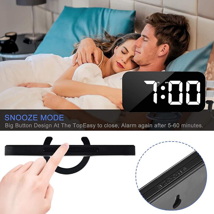 Цифровий годинник-дзеркало SZELAM з LED-дисплеєм 7 дюймів, 2 USB-роз'єми, функція відкладання, автоматичне регулювання яскравості, для дому