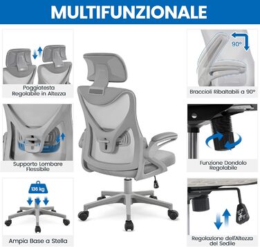 Ергономічне крісло Yaheetech для офісу з підйомними підлокітниками, регульованою підголівником та функцією гойдання, до 136 кг, сіре