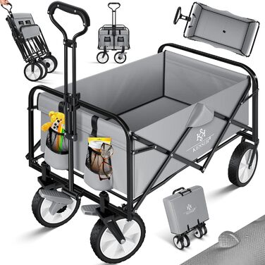 KESSER® Folding Bollerwagen (Hand Cart, Transport Cart) - Max. 150kg Load Capacity & 360° PVC Tires - Utility Wagon including 2 Mesh Bags, Side Pocket & Cover - Transport Cart, Garden Trailer without Roof, Blue (Grey / Black)