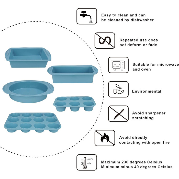 Набір форм для випічки Aschef: 7 шт. з антипригарним покриттям, силіконові форми для хліба, кексів, мафінів, з тейшкребером, пензликом та мірними ложками. Синій колір.