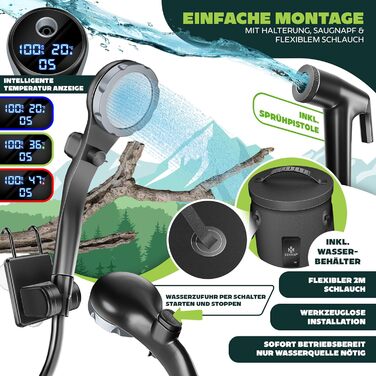 Соняшна душова кабіна KESSER® з насосом та акумулятором 8000mAh | 20L комплект для кемпінгу з регульованим душем, шлангом 2м, пістолетом-розпилювачем та кріпленням