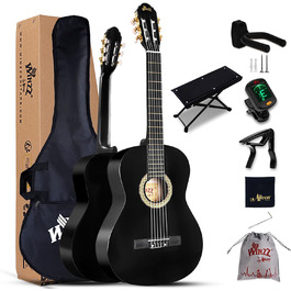 Класична гітара Winzz 4/4 для дорослих та дітей (від 11 років), набір для початківців - Чорний глянцевий (39 дюймів)