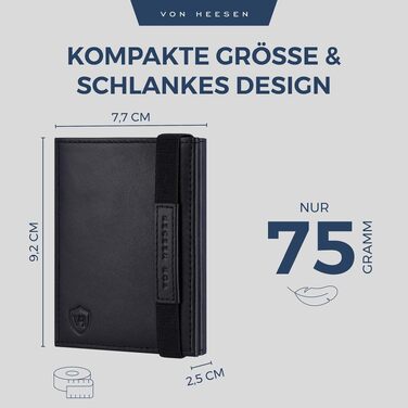 Шкіряний тонкий гаманець VON HEESEN з RFID-захистом, компактний картхолдер для чоловіків та жінок, чорний (гладка шкіра, XL відділення для монет)