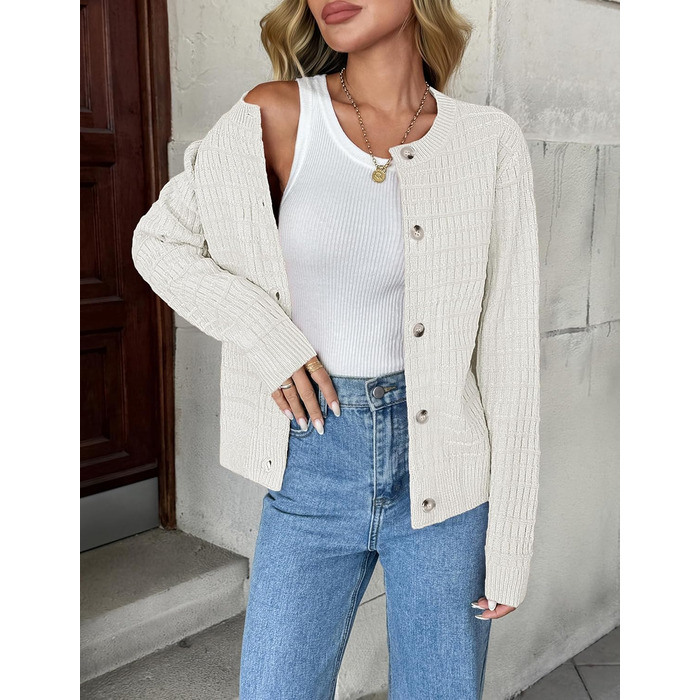 Кардиган жіночий Zeagoo з довгими рукавами, в'язаний, з круглою горловиною, на ґудзиках, відкритий спереду, елегантний, розмір L, колір білий